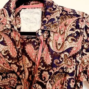 Navy blue/multi paisley print, button down blouse. Crinkle or iron